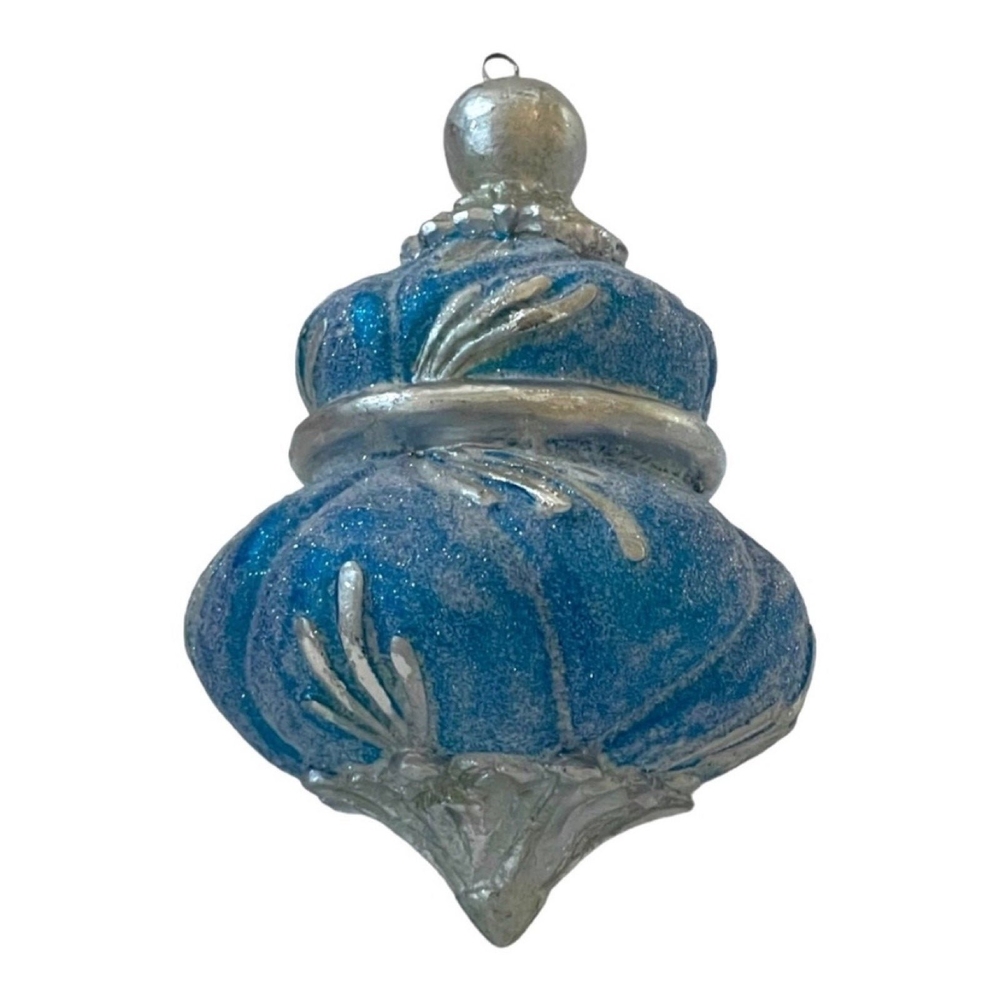 Vintage Glitter Matte Blue Silver Christmas Tree Ornament Xmas 5” Excellent